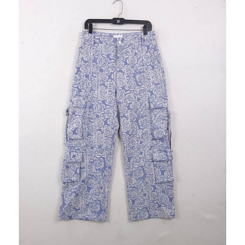 Avec Les Filles Cargo Pants Blue Floral Rose Jacquard Size 30 Streetwear Boho